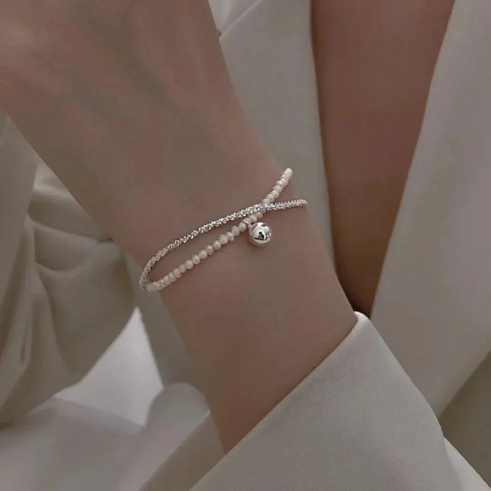 925 Sterling Silver Bead & Pearl Layer Bracelet Shiny Sequin Bracelet - Picture 2 of 7